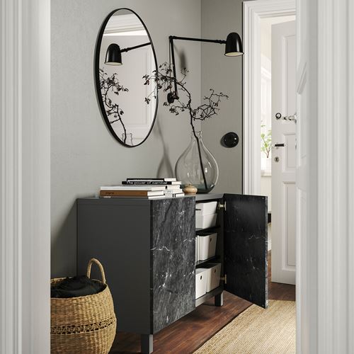 IKEA - BESTA, storage combination, dark grey-black marble effect, 120x42x74 cm