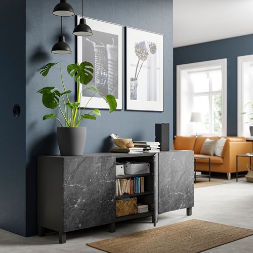 IKEA - BESTA, storage combination, dark grey-black marble effect, 180x42x74 cm