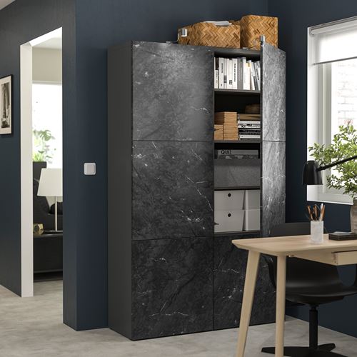 IKEA - BESTA, storage combination, black/marble effect, 120x42x193 cm