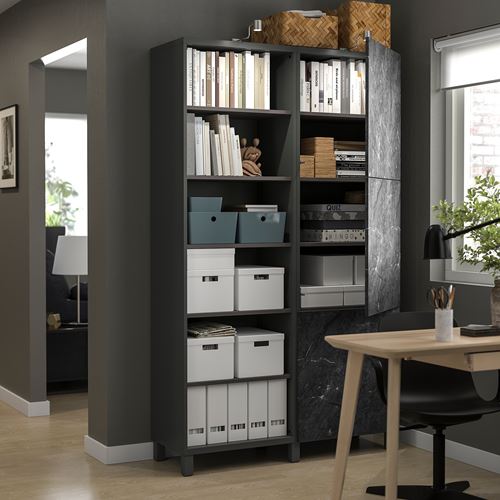 IKEA - BESTA, storage combination, dark grey-black marble effect, 120x42x202 cm