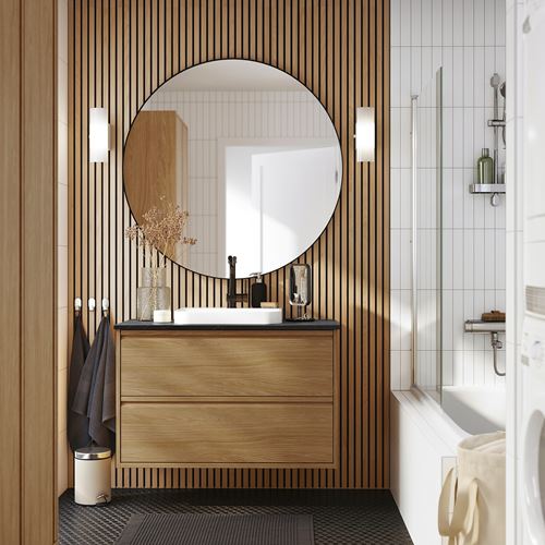 IKEA - ANGSJÖN/TOLKEN/BACKSJÖN, wash-basin and cabinet, oak effect-black marble effect, 102x49x71 cm
