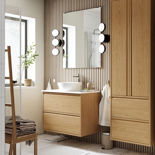 IKEA - ANGSJÖN/TOLKEN/KATTEVIK, lavabo dolabı kombinasyonu, meşe görünümlü-beyaz mermer görünüm, 82x49x80 cm
