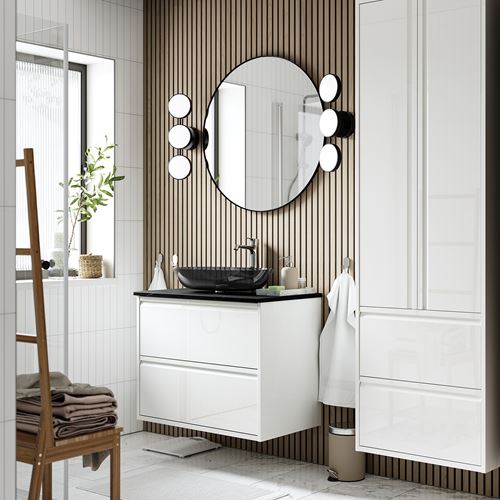 IKEA - ANGSJÖN/TOLKEN/OXMYREN, wash-basin and cabinet, glossy varnish white-black marble look, 82x49x77 cm