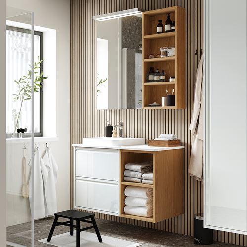 IKEA - ANGSJÖN/TOLKEN/BACKSJÖN, wash-basin and cabinet, glossy polish white-oak look-white marble look, 102x49x71 cm