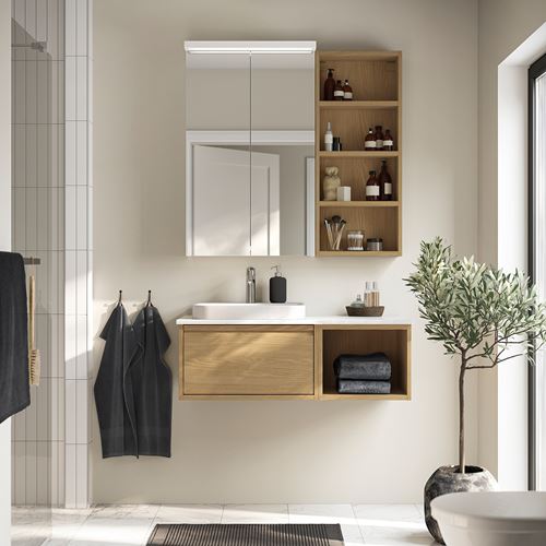 IKEA - ANGSJÖN/TOLKEN/BACKSJÖN, wash-basin and cabinet, oak effect-white marble effect, 102x49x41 cm