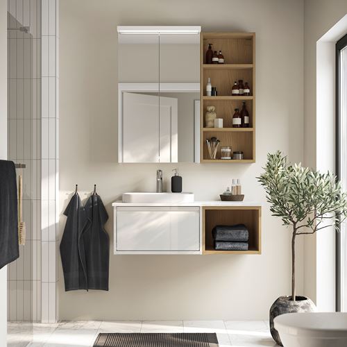 IKEA - ANGSJÖN/TOLKEN/BACKSJÖN, wash-basin and cabinet, glossy polish white-oak look-white marble look, 102x49x41 cm