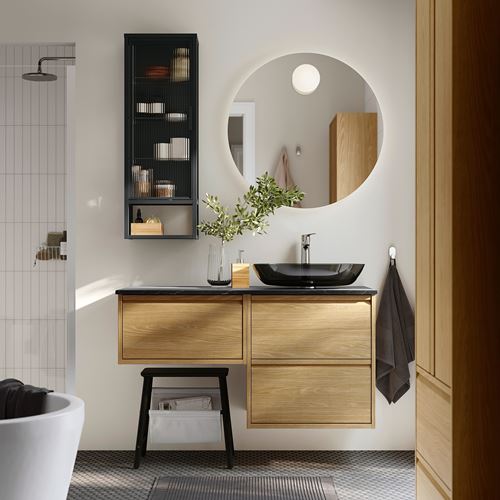 IKEA - ANGSJÖN/TOLKEN/OXMYREN, wash-basin and cabinet, oak effect-black marble effect, 122x49x77 cm