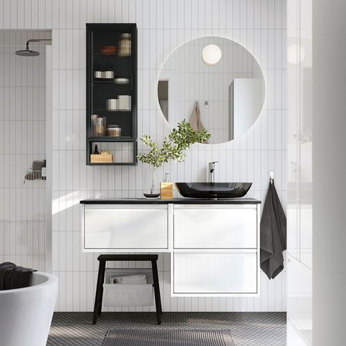 IKEA - ANGSJÖN/TOLKEN/OXMYREN, wash-basin and cabinet, glossy varnish white-black marble look, 122x49x77 cm