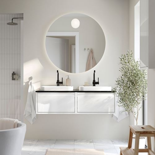 IKEA - ANGSJÖN/TOLKEN/BACKSJÖN, wash-basin and cabinet, glossy varnish white-black marble look, 122x49x41 cm