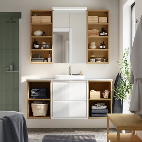 IKEA - ANGSJÖN/TOLKEN/BACKSJÖN, wash-basin and cabinet, glossy polish white-oak look-white marble look, 142x49x71 cm