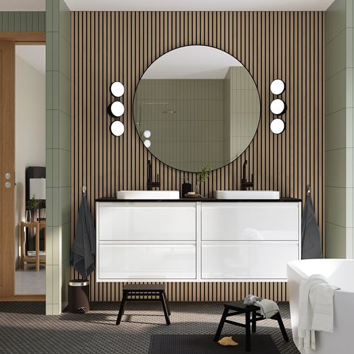 IKEA - ANGSJÖN/TOLKEN/BACKSJÖN, wash-basin and cabinet, glossy varnish white-black marble look, 162x49x71 cm