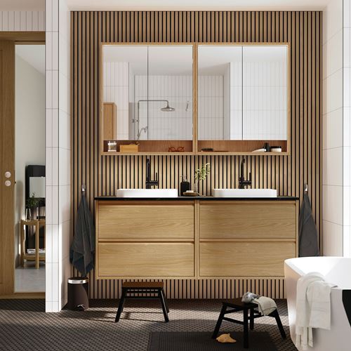 IKEA - ANGSJÖN/TOLKEN/BACKSJÖN, wash-basin and cabinet, oak effect-black marble effect, 162x49x71 cm