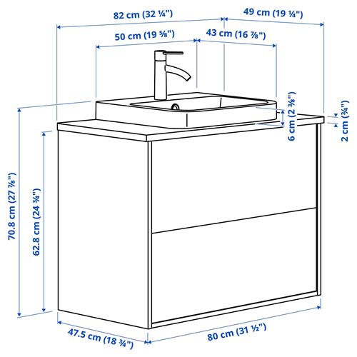 IKEA - ANGSJÖN/TOLKEN/BACKSJÖN, lavabo dolabı kombinasyonu, meşe görünümlü-siyah mermer görünüm, 82x49x71 cm