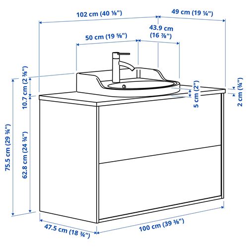 IKEA - TANNFORSEN/TOLKEN/RUTSJÖN, lavabo dolabı kombinasyonu, beyaz-beyaz mermer görünüm, 102x49x76 cm