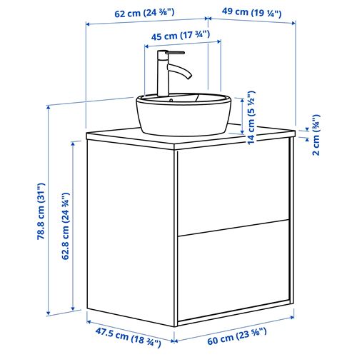 IKEA - HAVBACK/TOLKEN/TÖRNVIKEN, lavabo dolabı kombinasyonu, beyaz-beyaz mermer görünüm, 62x49x79 cm