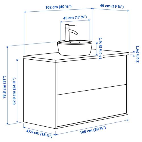 IKEA - HAVBACK/TOLKEN/TÖRNVIKEN, lavabo dolabı kombinasyonu, beyaz-beyaz mermer görünüm, 102x49x79 cm