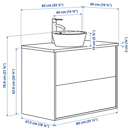 IKEA - ANGSJÖN/TOLKEN/KATTEVIK, lavabo dolabı kombinasyonu, meşe görünümlü-beyaz mermer görünüm, 82x49x80 cm
