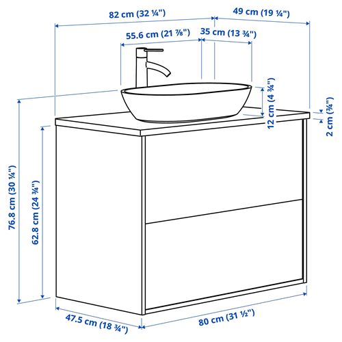 IKEA - ANGSJÖN/TOLKEN/OXMYREN, lavabo dolabı kombinasyonu, parlak cila beyaz-siyah mermer görünüm, 82x49x77 cm