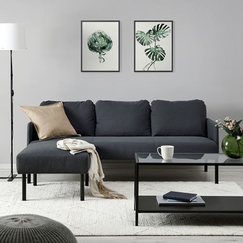 IKEA - GLOSTAD, uzanma koltuklu 3'lü kanepe, knisa koyu gri