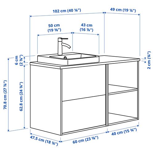 IKEA - ANGSJÖN/TOLKEN/BACKSJÖN, wash-basin and cabinet, glossy polish white-oak look-white marble look, 102x49x71 cm