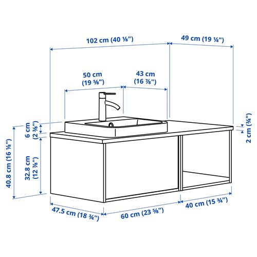 IKEA - ANGSJÖN/TOLKEN/BACKSJÖN, lavabo dolabı kombinasyonu, parlak cila beyaz-meşe görünümlü-beyaz mermer görünüm, 102x49x41 cm