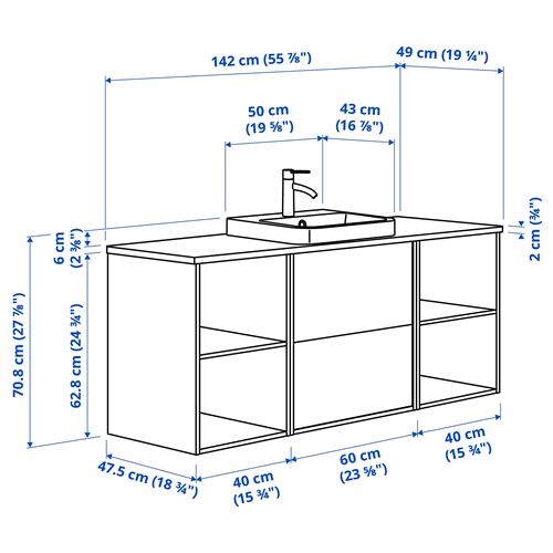 IKEA - ANGSJÖN/TOLKEN/BACKSJÖN, wash-basin and cabinet, glossy polish white-oak look-white marble look, 142x49x71 cm