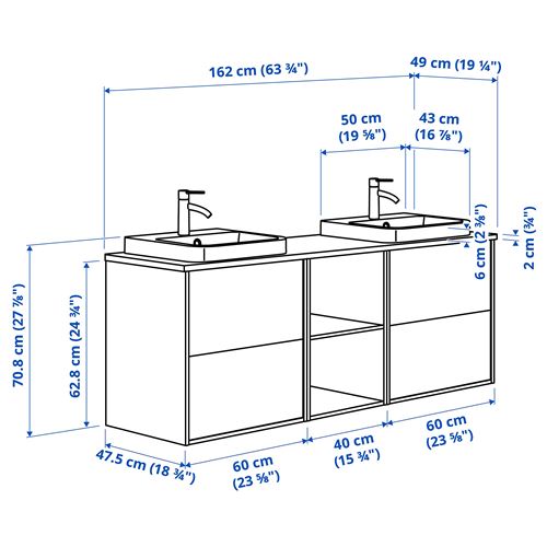 IKEA - ANGSJÖN/TOLKEN/BACKSJÖN, lavabo dolabı kombinasyonu, parlak cila beyaz-beyaz mermer görünüm, 162x49x71 cm