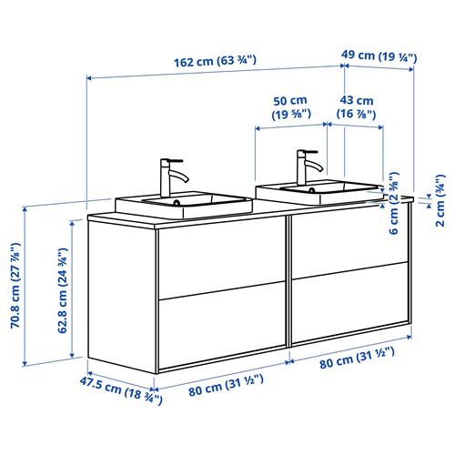 IKEA - ANGSJÖN/TOLKEN/BACKSJÖN, wash-basin and cabinet, high-gloss white/white marble effect, 162x49x71 cm