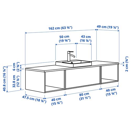 IKEA - ANGSJÖN/TOLKEN/BACKSJÖN, lavabo dolabı kombinasyonu, parlak cila beyaz-meşe görünümlü-beyaz mermer görünüm, 162x49x41 cm