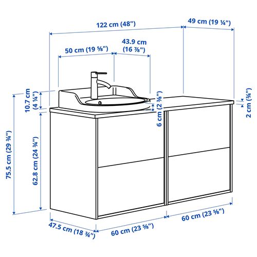 IKEA - TANNFORSEN/RUTSJÖN, lavabo dolabı kombinasyonu, beyaz-siyah mermer görünüm, 122x49x76 cm