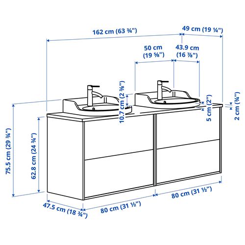 IKEA - TANNFORSEN/TOLKEN/RUTSJÖN, lavabo dolabı kombinasyonu, beyaz-beyaz mermer görünüm, 162x49x76 cm