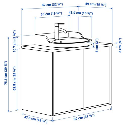 IKEA - TANNFORSEN/TOLKEN/RUTSJÖN, lavabo dolabı kombinasyonu, beyaz-beyaz mermer görünüm, 82x49x76 cm