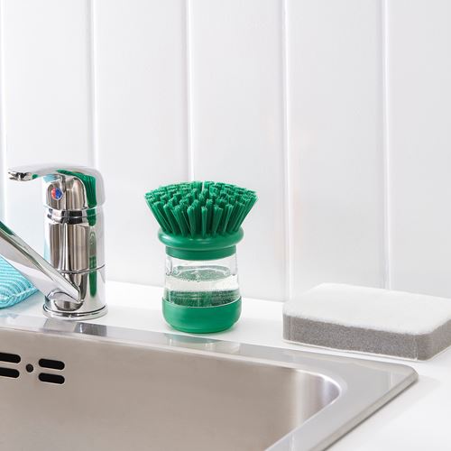 IKEA - VIDEVECKMAL, dish-washing brush with dispenser, high-gloss green