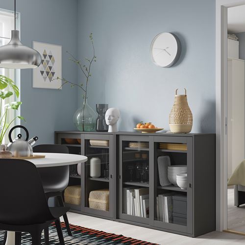 IKEA - VIHALS, sliding door-cabinet, dark grey-glass, 190x37x90 cm