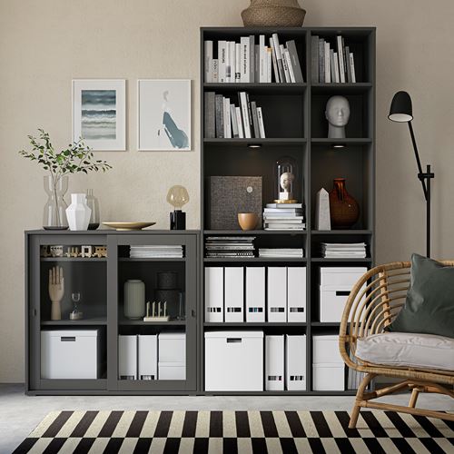 IKEA - VIHALS, glass-door cabinet, dark grey, 190x37x200 cm