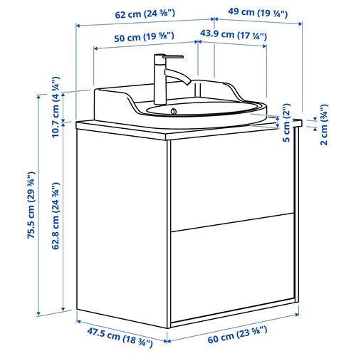 IKEA - TANNFORSEN/TOLKEN/RUTSJÖN, lavabo dolabı kombinasyonu, beyaz-beyaz mermer görünüm, 62x49x76 cm