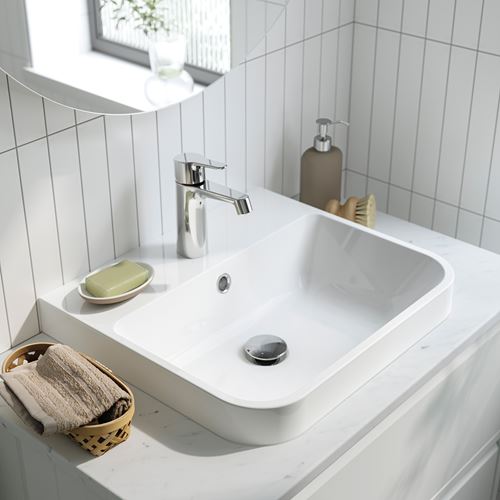 IKEA - ANGSJÖN/TOLKEN/BACKSJÖN, wash-basin and cabinet, glossy polish white-oak look-white marble look, 102x49x41 cm