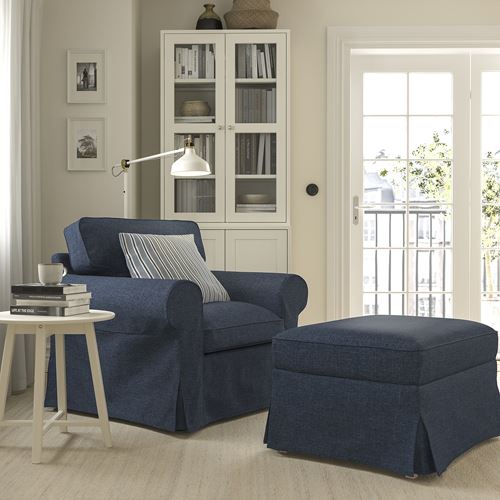 IKEA - EKTORP, armchair and pouffe, kilanda dark blue