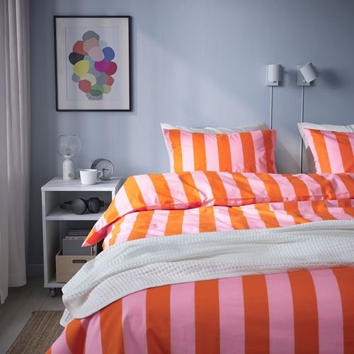 IKEA - SLANHÖSTMAL, double quilt cover and 2 pillowcases, orange/pink, 240x220/50x60 cm