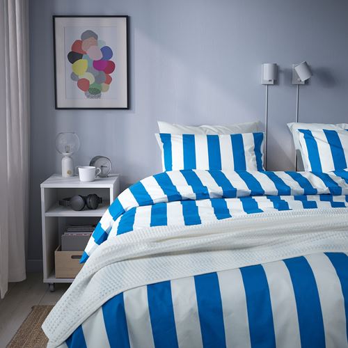 IKEA - SLANHÖSTMAL, double quilt cover and 2 pillowcases, blue-white, 240x220/50x60 cm