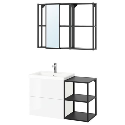 IKEA - ENHET/TVALLEN, banyo mobilyası seti, parlak cila beyaz-antrasit, 102x43x65 cm