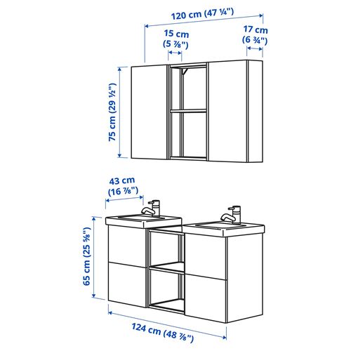 IKEA - ENHET/TVALLEN, bathroom furniture set, white-high gloss white, 124x43x65 cm