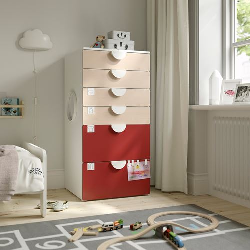 IKEA - PLATSA/SMASTAD, children's chest of drawers, white-birch-red, 60x57x123 cm