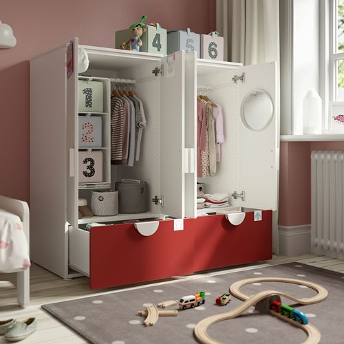 IKEA - PLATSA/SMASTAD, children wardrobe combination, white-birch-red, 120x57x123 cm