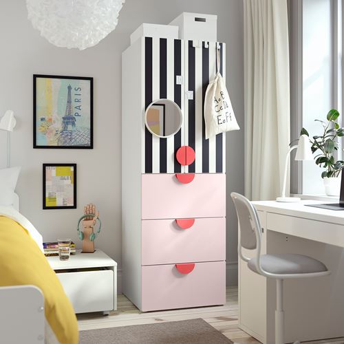 IKEA - PLATSA/SMASTAD, children's wardrobe, white stripes-pale pink, 60x57x181 cm