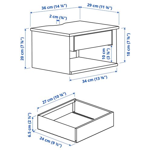 IKEA - STOMSÖ, wall-mounted bedside table, birch look white-blue, 36x29x20 cm