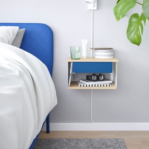 IKEA - STOMSÖ, wall-mounted bedside table, birch look white-blue, 36x29x20 cm