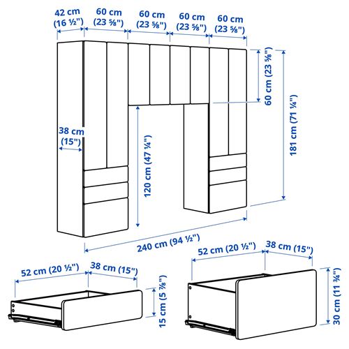 IKEA - PLATSA/SMASTAD, children wardrobe combination, white-blue, 240x42x181 cm