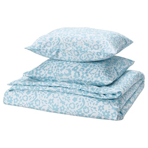 IKEA - CYMBALBLOMMA, double quilt cover and 2 pillowcases, white-blue, 240x220/50x60 cm