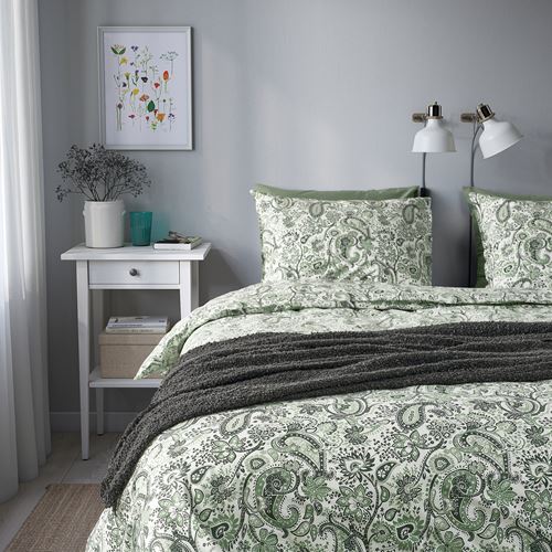 IKEA - RODGERSIA, double quilt cover and 2 pillowcases, green/white, 240x220/50x60 cm